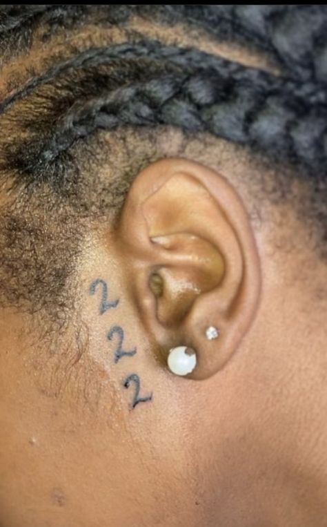 Angel numbers Ear tattoo Behind Ear Angel Number Tattoo, Ear Side Tattoo, Name Tattoo On Side Of Face, 333 Face Tattoo, Face Tattoos For Women By Ear, Tattoo On Side Of Face By Ear, 222 Face Tattoo, 111 Face Tattoo, Number Ear Tattoo