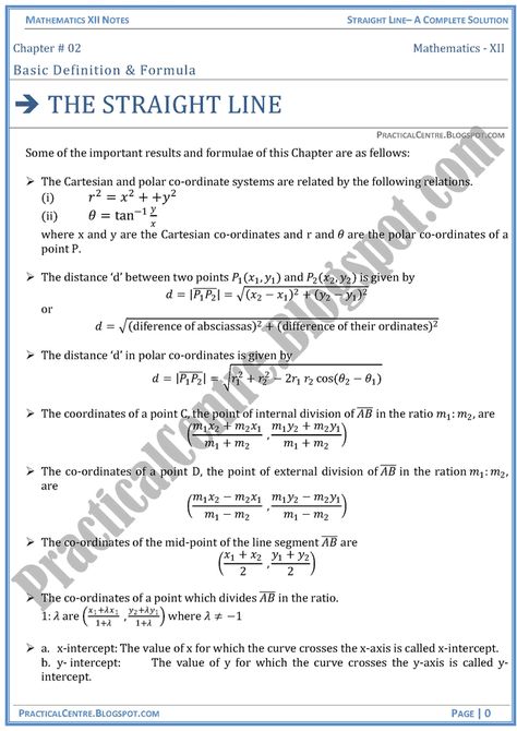 Practical Centre: The Straight Line - Basic Definition & Formulas - Mathematics XII Straight Line Formula Maths, Algebraic Expressions, Math Tutorials, Effective Study Tips, Maths Solutions, Physics And Mathematics, Math Formulas, School Study, Math Methods