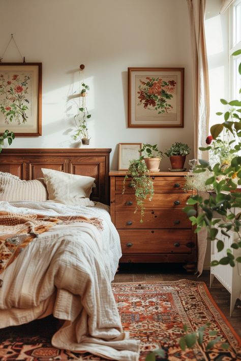 Cottage Farmhouse Decor Bedroom, Cosy Cottage Bedroom Ideas, Cottagecore Primary Bedroom, Cottage Inspo Interior Design, Bedroom Ideas Cherry Wood Furniture, Cottage Core Apartment Bedroom, Forestcore Bedroom Aesthetic, Cottage Core Boho Bedroom, English Cottage Master Bed