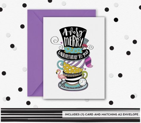 A Very Merry Unbirthday Card, Alice in Wonderland, Thinking of you, Friendship Card, Greeting Card, Paper Violets, Card Alice In Wonderland, Alice In Wonderland Cakes, Purple Envelope, Cricut Monogram, Land Before Time, Alice In Wonderland Birthday, Funny Greetings, Birthday Stuff