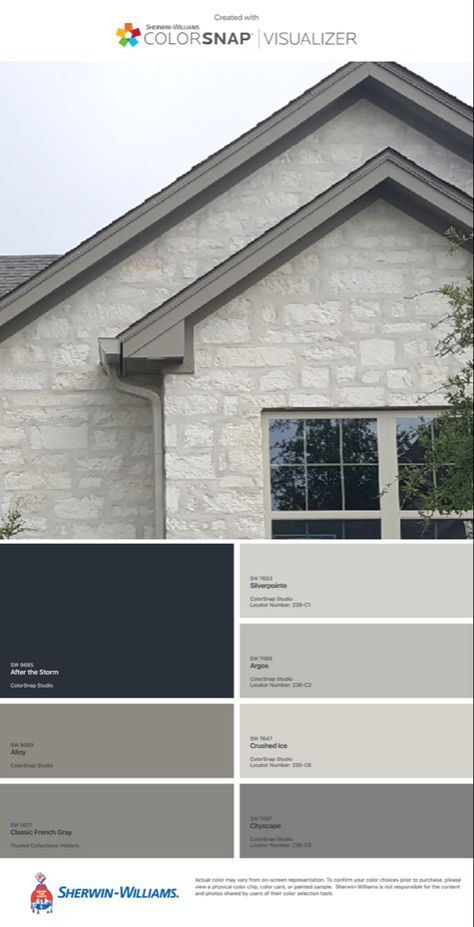 Grey Stone Homes Exterior, Painted Stone Home Exterior, Charcoal Stone Exterior, White Brick House Gray Trim, Exterior House Colours 2022, Stone Color House Exterior, Exterior House Colors With White Stone, Painting Stone House Exterior, White Grey Stone Exterior