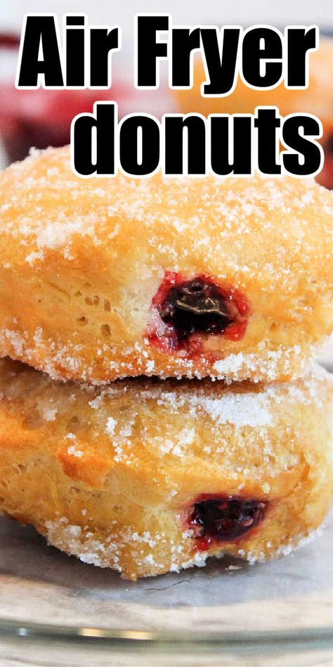 Easy air fryer jelly filled donuts with biscuits and powdered sugar are quick to make for breakfast or dessert. Fill with jam or custard. Air Fryer Doughnut Recipe, Air Fry Donuts, Easy Microwave Recipes, Easy Dump Cake Recipe, Breakfast Donuts, Beef Recipe Instant Pot, Instant Pot Pasta Recipe, Cooking Frozen Chicken, Easy Steak Recipes