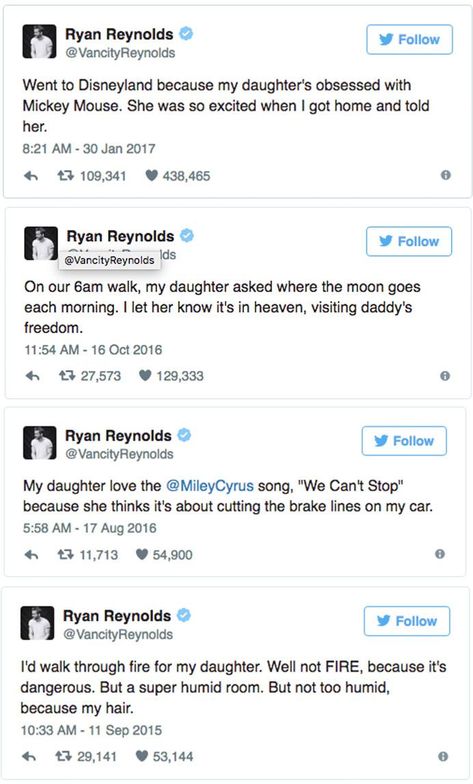 No one is better at Twitter Parenting than Ryan Reynolds! Click through for more! Ryan Reynolds Funny Tweets, Ryan Reynolds Twitter, Ryan Reynolds Tweets, Ryan Reynolds Funny, Ryan Reynolds Deadpool, Best Memes Ever, Ryan Reynolds, Marvel Funny, Faith In Humanity