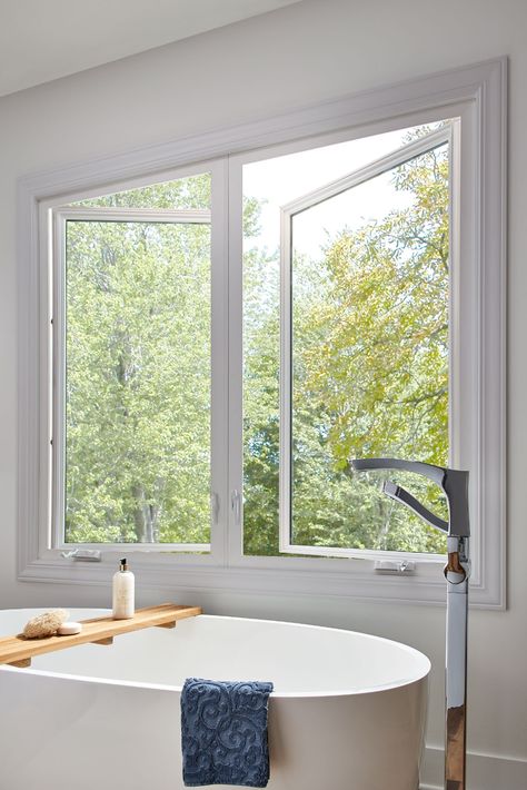 Windows For Bathrooms, Picture Windows That Open, Modern Casement Windows, Double Hung Bathroom Window, Double Hung Windows Exterior, Casement Vs Double Hung Windows, Single Hung Windows With Grid, Entry Door Colors, Window Over Sink