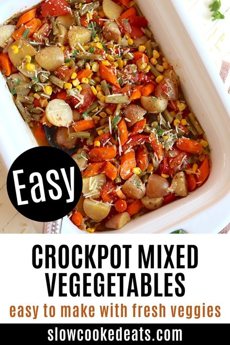 These easy slow cooker vegetables are the perfect side dish recipe to use up all those fresh garden treasures! Colorful, healthy, tender Italian seasoned veggies are slow-cooked to bring out all the best flavors and textures. Add as many veggies as you like and make it your own! Crockpot mixed vegetables are super easy! Crockpot Vegetables, Crockpot Holiday Recipes, Slow Cooker Vegetable Recipes, Crockpot Veggies, Vegetable Bake Recipes, Crock Pot Vegetables, Summer Crockpot Recipes, Vegetable Casserole Recipes, Seasoned Veggies