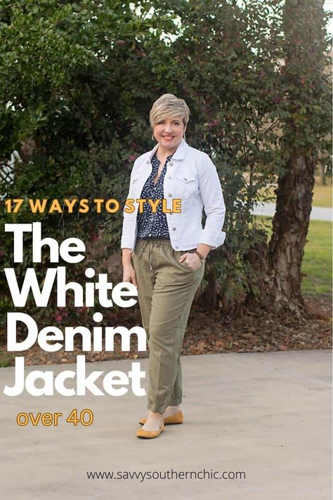 How to Wear a White Denim Jacket over 40: 17 Outfits How To Wear A White Jean Jacket, What To Wear With A White Jean Jacket, Styling A White Denim Jacket, White Cotton Denim Jacket For Work, White Denim Jacket Outfit Women, White Demin Jacket Outfits, Cream Denim Jacket Outfit, Trendy White Cotton Denim Jacket, Classic White Denim Outerwear