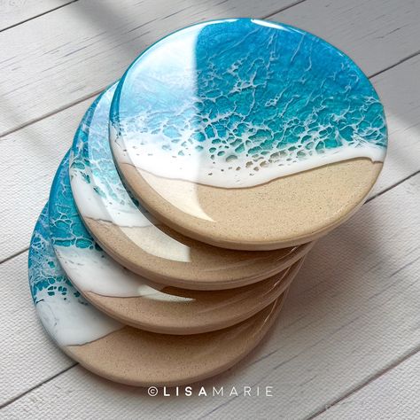 High tides and good vibes. 🌴 Four new ocean coaster sets were just added to the shop!✌🏼 …. Made with: @masepoxies Art Pro and Ocean Art White Pigment @meyspring Tropical Blue / Turquoise Blue @pixiss_creative Ceramic Rounds Save with code LISAMARIE #resin #epoxyresin #resinart #michiganartist #fluidart #oceanart #lakeart #nauticalartwork #artstrending #womenwhoart #masepoxies #artistic_michigan #resinartwork #epoxyideas #homedecor #scadalumni #resinart_daily #handmade #artistsoninstagra... Blue Resin Coasters, Resin Gift Ideas, Handpainted Coasters, Beach Resin Art, Ocean Coasters, Resin Beach Art, Epoxy Resin Coasters, Ocean Resin Art, Resin Arts