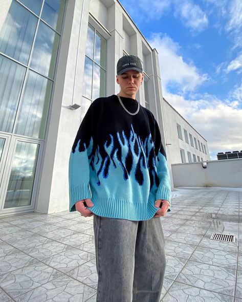 💎🔥BLUE FLAME sweater: first product made available on dsdrip.com is in stock and on discount now🩸 go to SALE section on our website to claim discount🧨 featured @dimakhalyukov #altwear #streetfashion #streetwear #alternativefashion #streetwearbeast Blue Flame Sweater, Flame Sweater, Dragon Star, Blue Flame, Sweater For Men, Sweater Jumpsuit, Fire Fits, Cropped Vest, Blue Flames