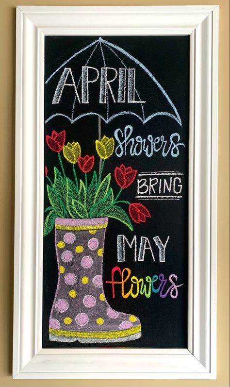 Spring Chalk Board Art April Showers Bring May Flowers Chalkboard, April Showers Chalkboard Art, Spring White Board Drawings, April Blackboard Ideas, April Calendar 2024 Chalkboard, April Window Art, Spring Dry Erase Board Art, April White Board Ideas, Spring White Board Ideas