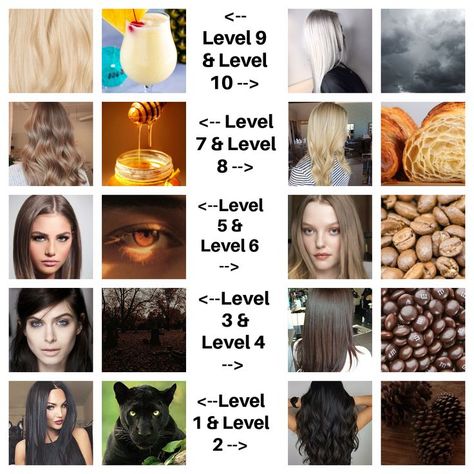 Hair Color levels 1-10 Hair Levels 1-10 Chart, Level 1 Hair Color, Levels Of Hair Color, Hair Color Levels, Hair Color Wheel, Hair Levels, Color Collage, Color Scale, Hair Shows