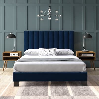 Buy Bedroom Sets Online at Overstock | Our Best Bedroom Furniture Deals Platform Bed With Nightstands, Bed With Nightstands, Upholstered Bedroom Set, Navy Bedding, Blue Headboard, Platform Bedroom Sets, Upholstered Bedroom, Style Nightstand, Queen Platform Bed