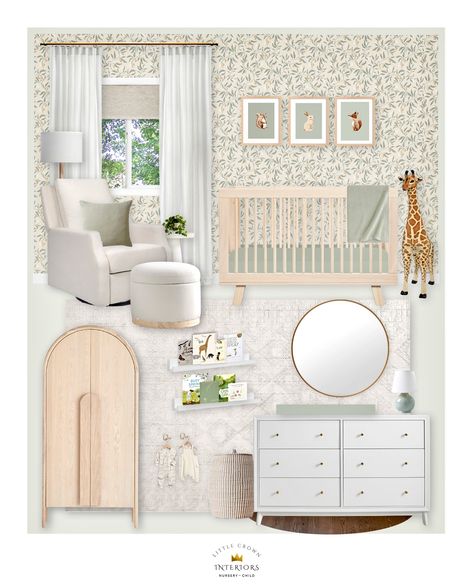 Neutral Color Nursery Ideas, Sage Green Nursery, Wood Crib, Bunny Wall Art, Nursery Interior Design, Green Throw Blanket, Fox Wall Art, Modern Crib, Wood Armoire