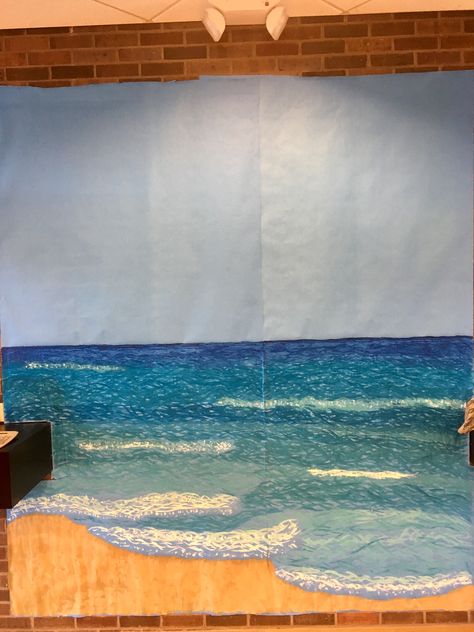 Ocean backdrop for event~painting~beach party backdrop~diy~paradise painted Diy Beach Photo Backdrop, Diy Ocean Backdrop, Diy Beach Backdrop, Beach Theme Backdrop, Backdrop Painting, Ocean Backdrop, Christmas Extravaganza, Primary Activity, Post Prom