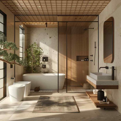 29 Serene Bathroom Ideas Infused with Japandi Design Elements Modern Minimalist Scandinavian Interior, Cozy Scandinavian Bathroom, Japanese Bathroom Aesthetic, Japandi Washroom, Master Toilet Design Modern, Japanese Inspired House, Natural Bathrooms, Bathroom Tub Ideas, Japandi Toilet