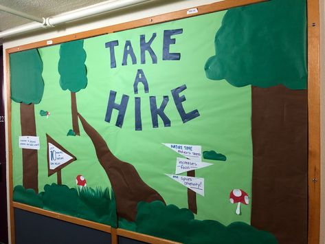 NatureRx benefits of hiking and outdoors RA bulletin board Outdoor Themed Bulletin Boards, Outdoor Theme Bulletin Board Ideas, Outdoor Bulletin Board Ideas, National Park Bulletin Board, National Parks Bulletin Board, Camp Bulletin Board Ideas, Hiking Bulletin Board, Nature Bulletin Boards, Ra Travel Theme Bulletin Boards