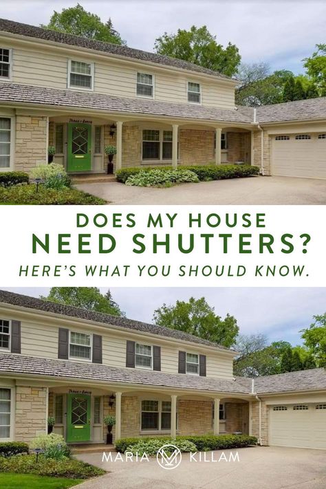 Shutters Before And After Exterior, Shutters Yes Or No, Home Exterior Shutters, Tan House With White Shutters, Windows With Shutters Exterior, Best Color Shutters For White House, Home With Shutters Exterior Colors, Colonial No Shutters, Taupe House Black Shutters