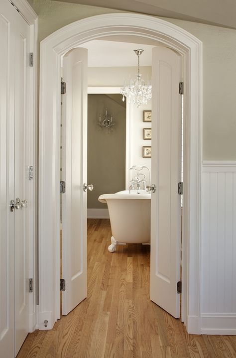 Double Door Master Bath, Bathroom Entrance Door Ideas, Master Bath Entry Doors, Double Arched Interior Doors, Master Bath Entrance, Arch Door Bathroom, Double Door Bedroom Entrance, Arched Bathroom Door, Arched Doors Interior