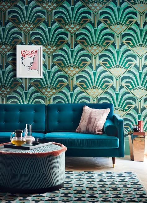 Art Deco Interiors: The Great Gatsby And The Jazz Age Decorating Trend  That wallpaper is amazing! Art Deco Interiors, Salon Art Deco, Modern Art Deco Interior, Interior Art Deco, Art Deco Style Interior, Art Deco Living, Deco Interiors, Deco House, Deco Living Room