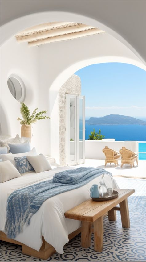 With less than 30 days left in Summer, we've dreamed up this beautiful Greek Villa.

Comment 🇬🇷 if you'd stay here!

#ari #amyrebekahinteriors #summer #greece #summervibes #summerhouse #greekhouse #greeksummer #summeringreece #summerinspiration #ai #aipicture #interiordesign #dreamhouse #vacation #summertime #blue #whiteinteriors #wood #pooltime #ocean Santorini Villa Interior, Greek Styled Bedroom, Mykonos Decor Interiors, Greece Room Ideas, Summer Beach House Interior, Santorini Style Bedroom, Greek Style Room Bedrooms, Greece Houses Interior, Bedroom Greek Style