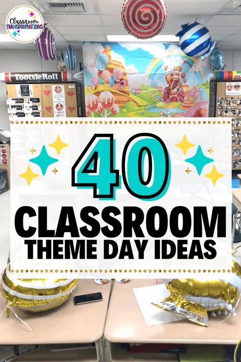 Are you ready to transform your classroom into a themed environment for learning? Then you need to check out this page! It is full of classroom transformation ideas, including 40 themes that can be used for any K-5 grade level! Fun Elementary Classroom Themes, 1st Grade Classroom Themes Ideas, Classroom Fun Friday Ideas, Classroom Theme Party, Fun School Day Themes, First Grade Party Ideas, Fun Friday Themes, Classroom Theme Day Ideas, Grade 6 Classroom Theme