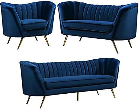 Home Square 3-Piece Set with Accent Chair Loveseat and Sofa in Navy and Gold Navy And Gold Living Room, Contemporary Loveseat, Square Sofa, Loveseat Living Room, Living Room Sofa Set, Velvet Loveseat, Couch And Loveseat, Velvet Accent Chair, Single Sofa Chair