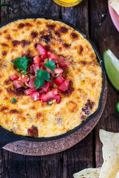 Mexican Queso Fundido with Chorizo Authentic Mexican Queso, Queso Fundido Recipe, Mexican Queso, Fundido Recipe, Smoked Mozzarella, Top Secret Recipes, Queso Fundido, Authentic Mexican, Olive Gardens