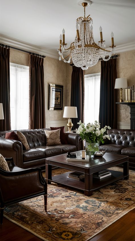 23 Brown Living Room Ideas: Color Schemes, Decor, and Cozy Aesthetic for Modern Homes Dark Curtains Living Room Ideas, Dark Brown Curtains Living Room, Dark Brown Wood Living Room, Dark Brown Leather Sofa Living Room, Dark Curtains Living Room, Dark Brown Sofa Living Room Ideas, Room Ideas Color Schemes, Dark Brown Leather Couch, Brown Curtains Living Room