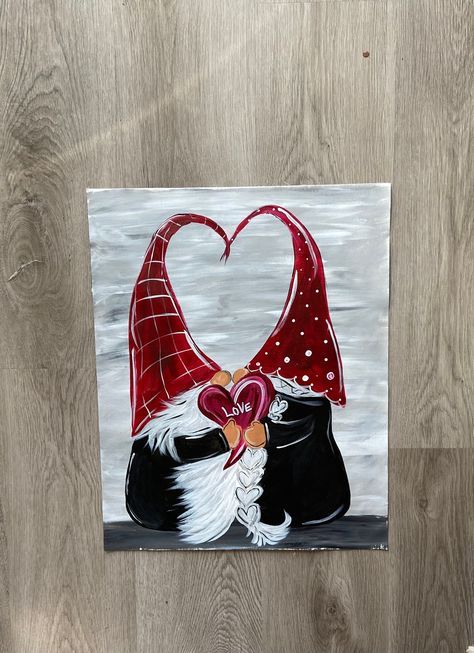 Valentine Gnome Painting Canvas, Gnome Couple Painting, Birthday Gnome Painting, Valentines Acrylic Painting, Valentine Gnome Painting, Valentine Paintings On Canvas, Kissing Gnomes, Valentine’s Day Painting On Canvas, Valentines Painting Ideas Canvases