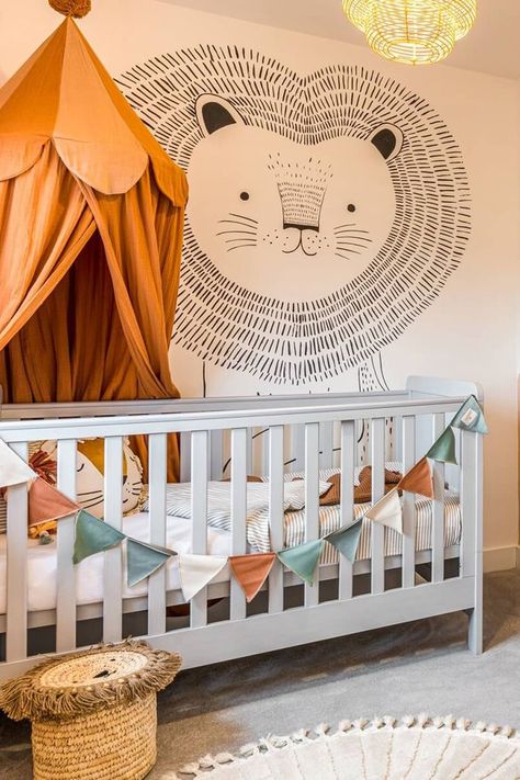 Kids Bedroom Ideas - Children's Lion Nursery Lion Nursery Ideas, Lion Nursery Wall Art, Lion Themed Bedroom, Nursery Lion Theme, Lion Theme Nursery, Orange Nursery Ideas, Lion Themed Nursery, Lion Nursery Theme, Burnt Orange Nursery