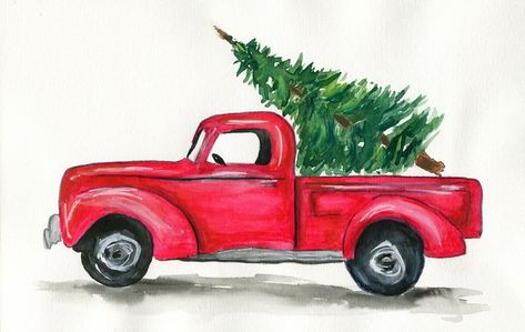 Holiday Decor - Vintage red truck hauling a Christmas tree watercolor painting Christmas Tree Watercolor, Watercolor Christmas Cards Diy, Truck With Christmas Tree, Christmas Tree Drawing, Colorful Canvas Art, Painting Old, Tree Watercolor Painting, Tree Watercolor, Vintage Red Truck