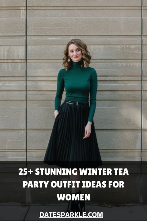 Woman in a green turtleneck and black pleated skirt, promoting winter tea party outfit ideas. Christmas Tea Party Outfits For Women, High Tea Winter Outfits For Women, Winter High Tea Outfit, Formal Winter Outfits For Women, Winter High Tea, Winter Tea Party Outfit, Winter Party Style, Tea Time Outfit, Tea Party Dresses For Women