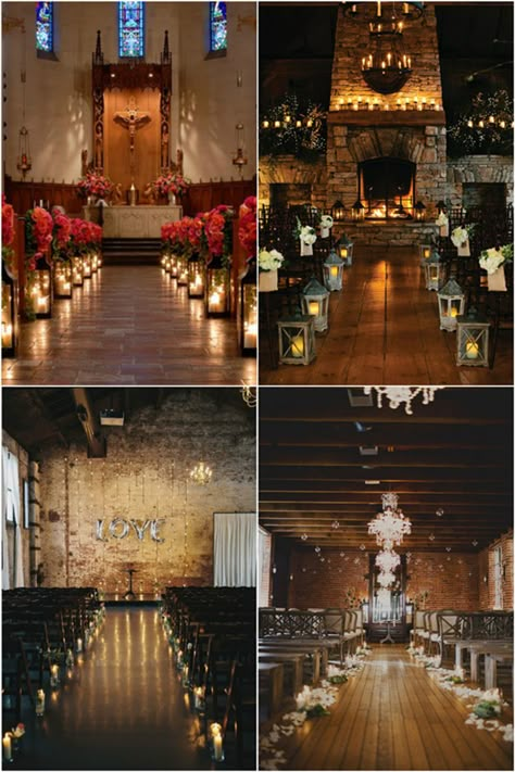 romantic indoor wedding ceremony with candles Small Wedding Ceremony Indoor, Wedding Aisle Decorations Indoor, Fireplace Wedding Ceremony, Candle Lit Wedding Ceremony, Church Wedding Decorations Aisle, Ceremony Decorations Indoor, Ceremony Decorations Church, Wedding Ceremony Decorations Indoor, Wedding Ceremony Decorations Church