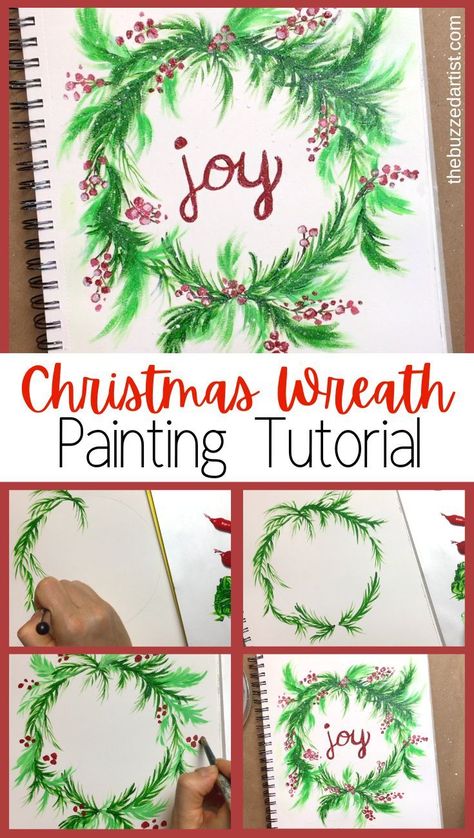 How To Paint A Wreath On Wood, Paintings Of Christmas Wreaths, Christmas Art Painting Acrylic Tutorial, Acrylic Painting Cards, Christmas Canvas Paintings Easy Diy, How To Paint A Christmas Wreath, How To Paint A Wreath, Easy Acrylic Painting Ideas For Beginners Christmas, Acrylic Paint Cards Ideas