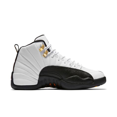 The Air Jordan 12 Retro 'Taxi' 2013 is a true classic sneaker. First released in 1996, the Air Jordan 12 Retro 'Taxi' 2013 is based on the OG white/black colorway worn by Michael Jordan himself during the 1996-97 NBA regular season. The sneaker features beautiful metallic gold eyelets and a black outsole with a carbon fiber shank that references the black and yellow of NYC Taxi cabs. The 'Taxi' was first retroed in 2008 as part of Nike's Countdown Collection, and was also given the low-top treatment in 2011. If you're a true sneakerhead, the Air Jordan 12 Retro 'Taxi' 2013 is a must-have in your collection! Nyc Taxi, Air Jordan 12, Air Jordan 12 Retro, Jordan 12 Retro, Jordan 12, Jordans 12, Black And Yellow, Classic Sneakers, Michael Jordan