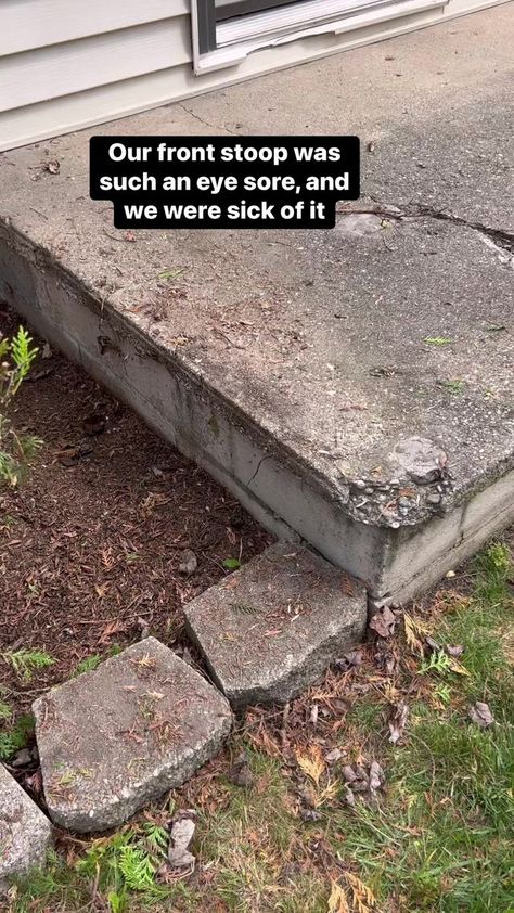 Cement Porch Steps Makeover, Diy Front Steps How To Build, Front Stoop Makeover Concrete, Cement Porch Makeover Diy, Diy Concrete Steps Makeover, How To Patch Concrete Porch, Updating Concrete Porch, Front Porch Stoop Makeover, Redo Concrete Porch