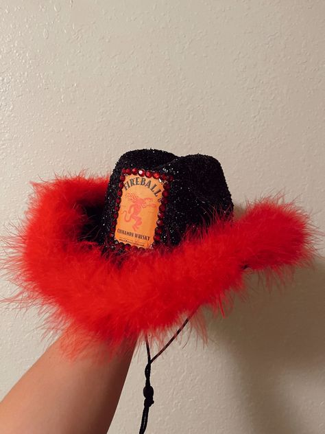 DIY Fireball hat, alcohol hat, cowboy hat Fireball Hat Diy, Diy Alcohol Hats, Fireball Cowgirl Hat, Alc Costumes, Fireball Halloween Costume, Fireball Costume, Alcohol Halloween Costumes, Halloween Alcohol, Diy Alcohol