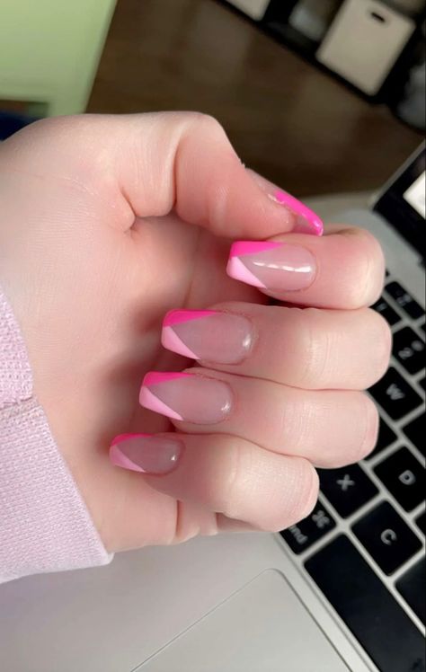 Pink Nail Designs Tips, Cute Vacation Nails Pink, Light And Hot Pink Nails, Square Pink Tips, Cute Pink Hoco Nails, Cute Nails For A Dance, Pink Nails With Tips, Pink Homecoming Nails Acrylic, Pink And White Acrylic Nails Almond