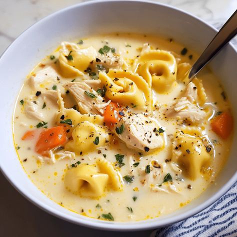 Creamy Chicken Tortellini Soup Creamy Chicken Sausage Tortellini Soup, Chicken Tortini Soup, Slow Cooker Chicken Tortellini Soup, Chicken Tortilini Soup, Chicken Tortellini Soup Crock Pot, Chicken Alfredo Tortellini Soup, Tortellini Soup Recipes, Tortellini Recipes Crockpot, Tortellini Soup Crockpot