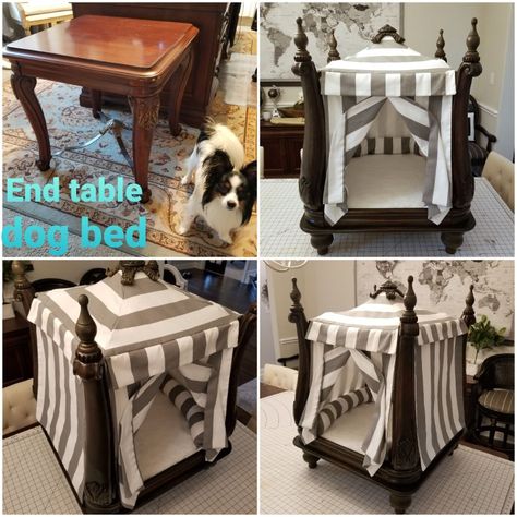 Dog Bed From End Table, Diy Doggie Bed, Four Poster Dog Bed, Dog Bed Out Of End Table, Pet Beds From Old Furniture, Repurposed Furniture Dog Bed, Diy Dog Canopy Bed, Diy Dog Furniture Ideas, Dog Furniture Diy