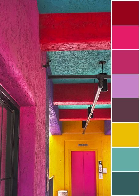 bright hall Mexican Colours Palette, Bright Bohemian Color Palette, Bright Maximalist Color Palette, Mexican Fiesta Color Palette, Mexican Color Palette Mexico, Tetradic Color Scheme Interiors, Bright Colored Walls, Vibrant Color Palette Bright Colours, Bright Wall Colors