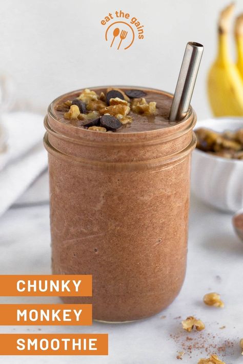 Thick and creamy chunky monkey smoothie made from bananas, cacao powder, chocolate protein powder, and walnuts. Packed with vitamins, minerals, and fiber, this protein smoothie makes a healthy spin on a classic ice cream flavor. Protein Smoothie Chocolate, Smoothie High Protein, Chunky Monkey Smoothie, Protein Smoothie Recipes Healthy, Chocolate Protein Smoothie, Freeze Sweet Potatoes, Ice Cream Flavor, Frozen Cauliflower Rice, Milk Smoothie