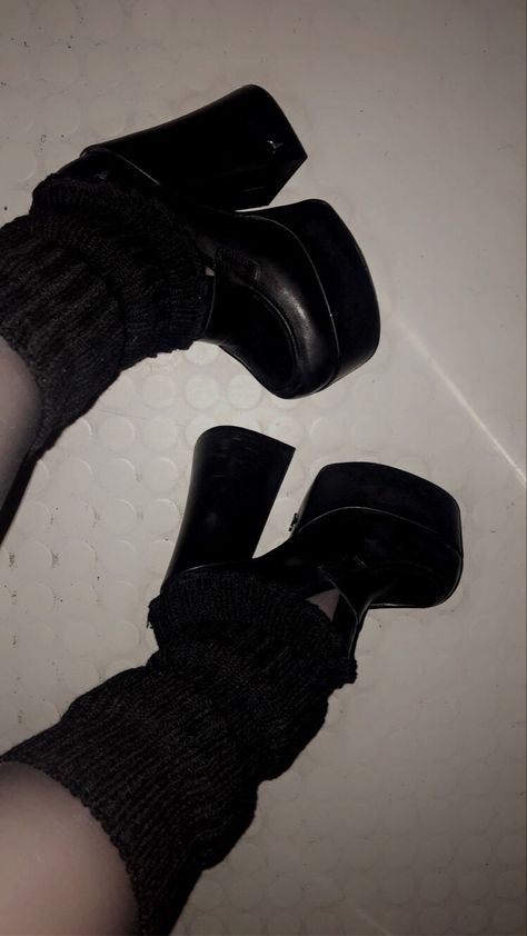 Platform high heels with leg warmers #platformhighheels #legwarmers #shoes #fashion #grungeaesthetic #windsorsmith Heels With Leg Warmers, Black Leg Warmers, Clothes Board, Windsor Smith, Platform High Heels, Black Legs, Grunge Aesthetic, Shoes Fashion, Leg Warmers