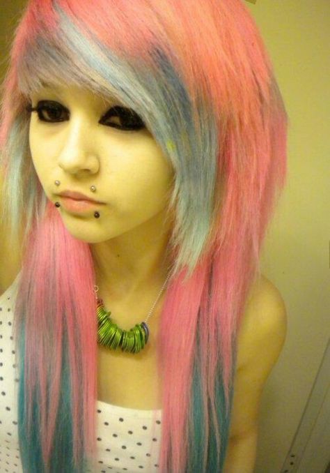 #blue & #pink #hair Types Of Facial Piercings, Scene Kid Hair, Canine Bites, Types Of Facial, Scene Haircuts, Facial Piercing, Emo Scene Girls, Lip Piercings, Cotton Candy Hair