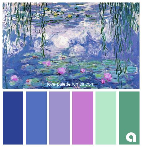 Claude Monet - Water Lilies Claude Monet Colour Palette, Claude Monet Moodboard, Claude Monet Water Lilies Painting, Monet Inspired Bedroom, Monet Moodboard, Waterlily Monet, Monet Palette, Monet Bedroom, Monet Decor