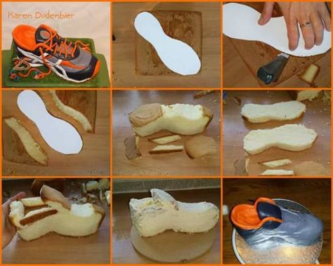 I just wanted to share my tutorial I made for the running shoe I made! Running Shoes Cake, Running Cake, Cake Carving, Fondant Shoes, Cake Shoes, Shoes Cake, Cake Design Tutorial, Shoe Cakes, 40th Cake