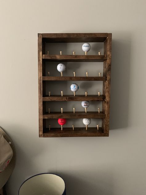 Golf Woodworking Projects, Diy Golf Ball Display, Diy Golf Decor, Golf Wood Projects, Golf Ball Display Ideas, Diy Mancave Ideas, Golf Bedroom Ideas, Golf Room Ideas, Golf Decorating Ideas