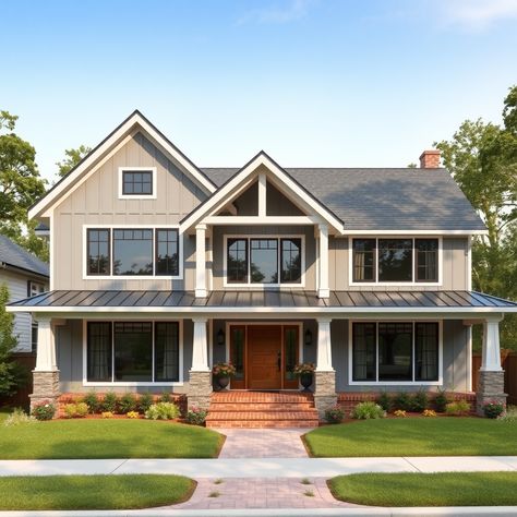 Charming Modern Farmhouse Exteriors That Redefine Rustic Elegance Dark Front Door, Modern Farmhouse Aesthetic, Barn Exterior, Farmhouse Exteriors, Black Metal Roof, Grey Siding, Classic Column, Brick Steps, White Siding