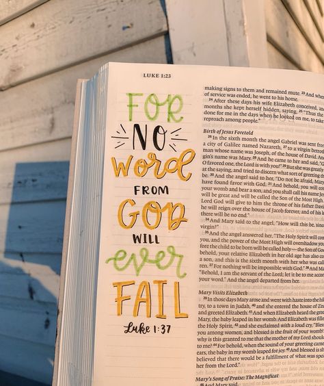 Emma's Bible Journaling on Instagram: ““For no word from God will ever fail.”” ‭‭Luke‬ ‭1:37‬ ‭NIV‬‬ Inspired by @kateskreationss_ Bible from @crosswaybooks, cover painted by…” Bible Journaling Luke Chapter 1, Luke Chapter 1 Bible Journaling, Luke Bible Journaling, Luke Chapter 1, Journaling 2024, Luke Bible, Word From God, Bible Doodles, Bible Journaling Printables