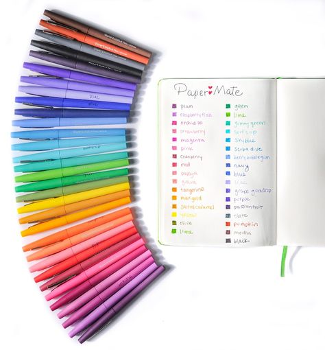 32 Paper Mate Flair Pens | Jenny's Crayon Collection Pens Papermate, Paper Mate Flair Pens, Pen Swatches, Color Wheel Lesson, Papermate Flair Pens, Aesthetic Pens, Ink Swatches, Papermate Inkjoy Gel Pens, Aesthetic Stationary