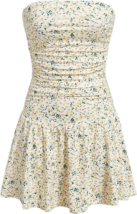 MakeMeChic Women's Ditsy Floral Strapless Bandeau Tube Dress Ruched Ruffle Mini Flared Sun Dress Floral Aesthetic, Floral Dress Casual, Strapless Bandeau, Strapless Floral Dress, Floral Outfit, Sun Dress, Tube Dress, Ditsy Floral, Style Icons